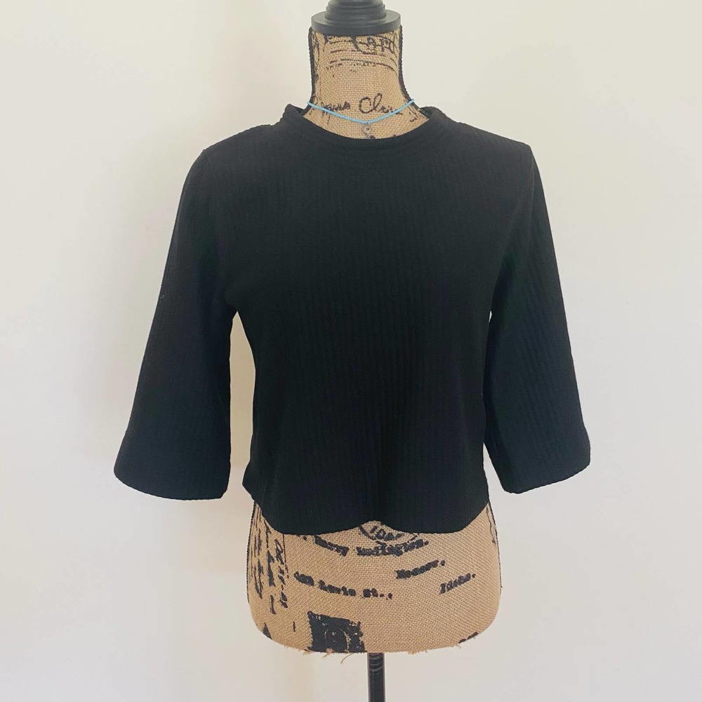 Lime & Vine Black Ribbed Chunky Boxy Fit Cropped Three Quarter Sleeves Top